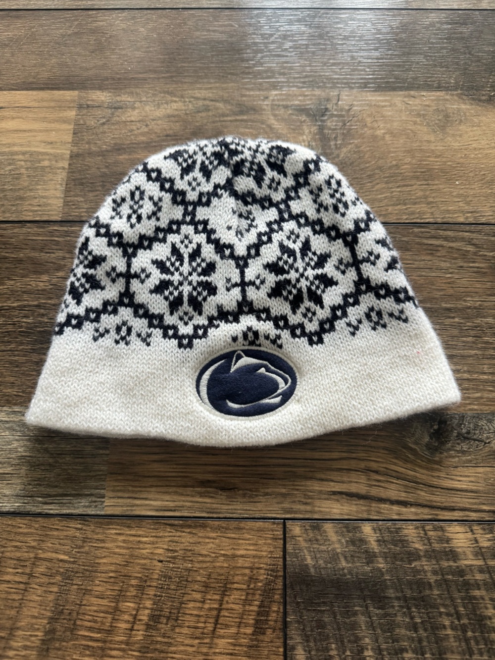 Kids White and Navy Knit Snowflake Beanie